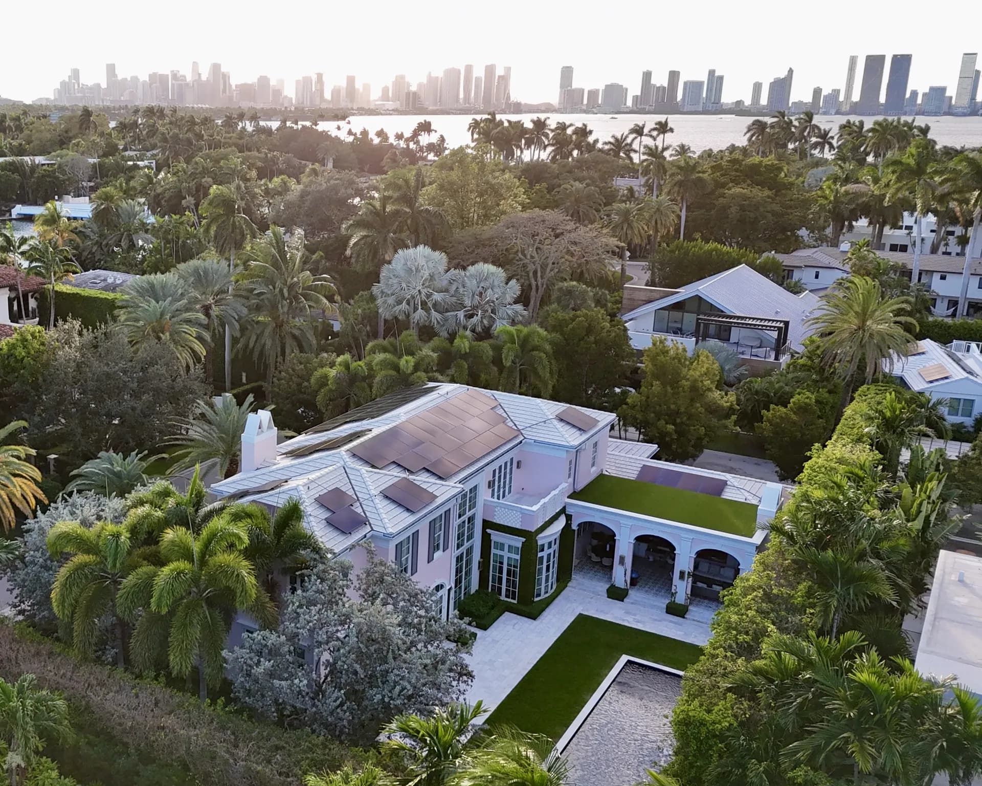 Aerial view of a Sprightful solar and battery installation on a Miami Beach home